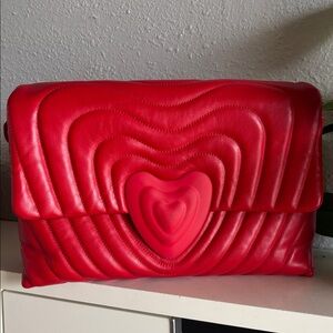 AUTH Red Escada Leather Heart Medium Shoulder Bag Convertable Clutch - Rita Ora